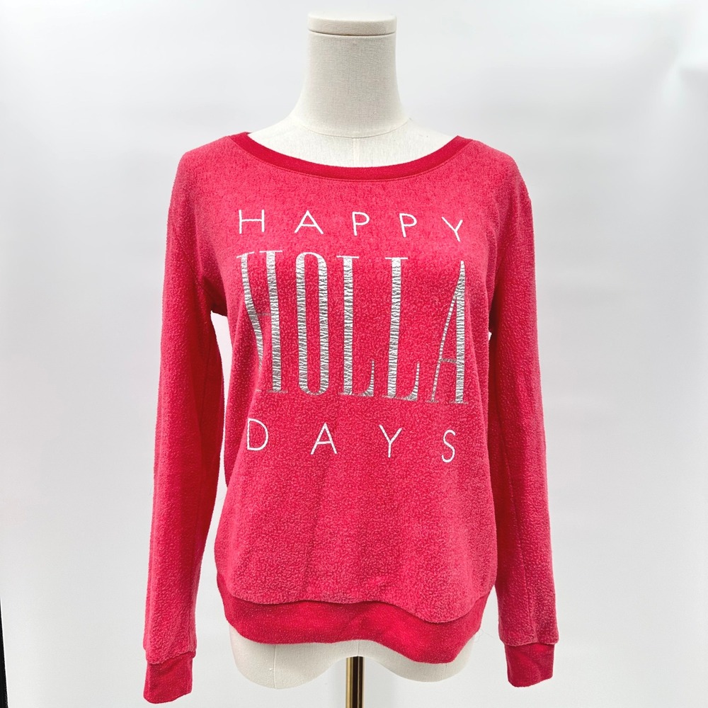 Womens Red Happy‎ Holla Days Fuzzy Long Sleeve Christmas Sweatshirt Top XS